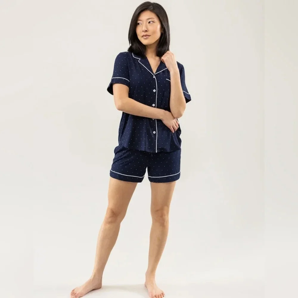 Cozy Earth Blue White Polka Dot Short Sleeve Bamboo Pajama‎ Set Size 2XL-3XL